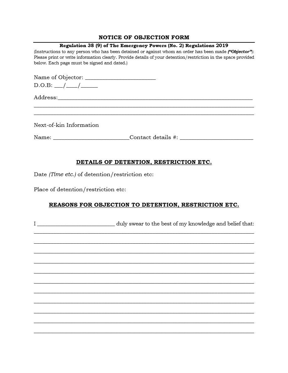 Front page of NOTICE OF OBJECTION FORM