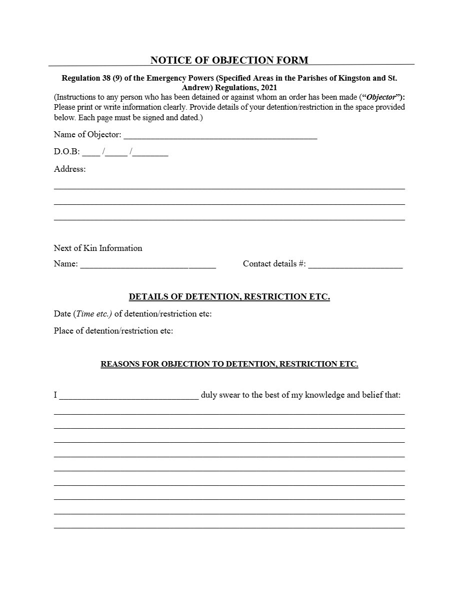 Front page of Notice of Objection Form - Kingston and St. Andrew