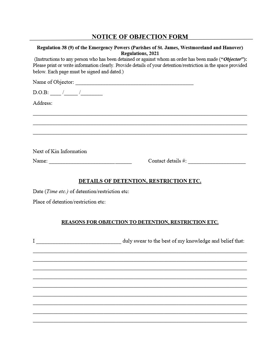 Front page of Notice of Objection Form - Tri-Parish