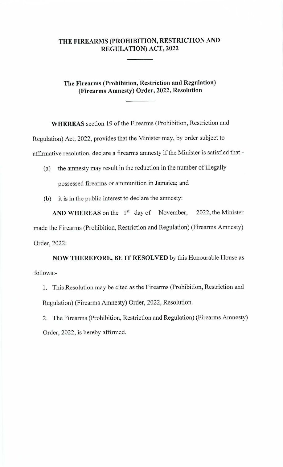 Front page of Firearms Amnesty and Order 2022