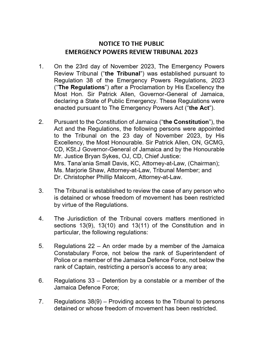 Front page of NOTICE TO THE PUBLIC EMERGENCY POWERS REVIEW TRIBUNAL 2023