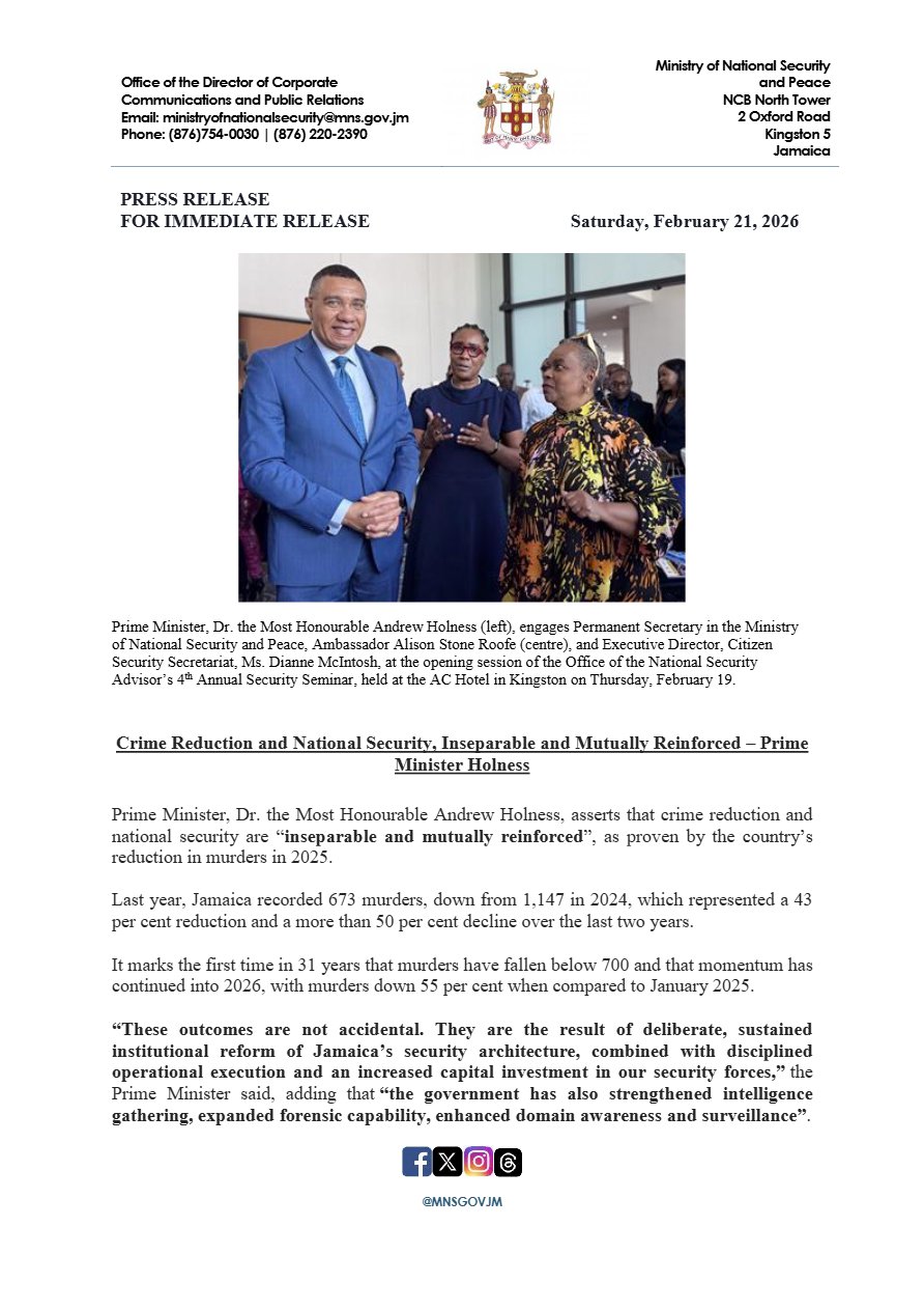 First page of the press release: Crime Reduction and National Security, Inseparable and Mutually Reinforced – Prime Minister Holness