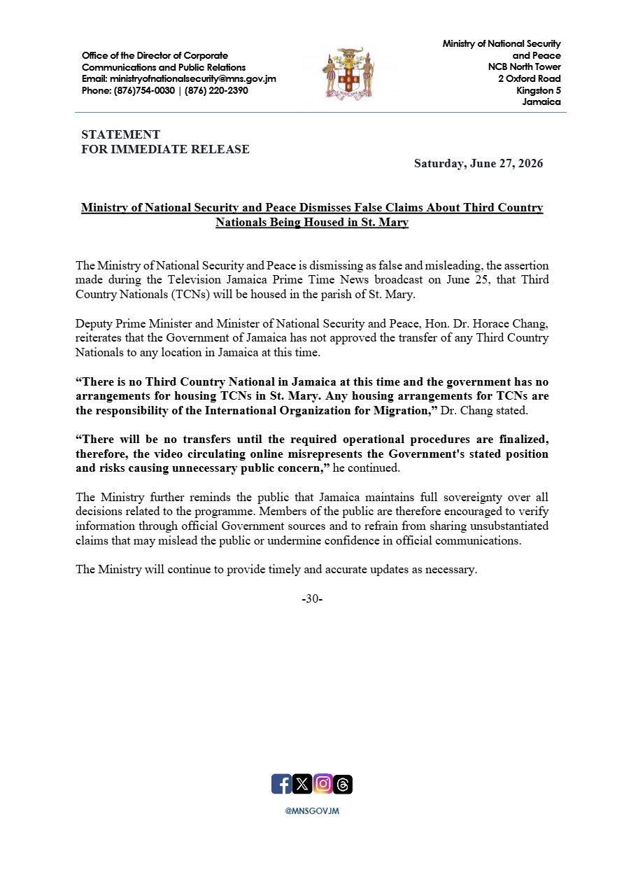 First page of the press release: Ministry of National Security and Peace Dismisses False Claims About Third Country Nationals Being Housed in St. Mary