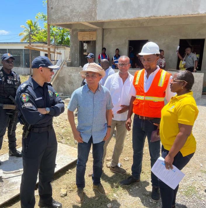 Deputy Prime Minister and Minister of National Security, the Hon. Dr. Horace Chang converses with Commissioner of Police, Major General Antony Anderson, Moreland Wilson, M.P. Western Westmoreland, Contractor Marlon Turner (2nd right) and the Senior Project Manager, National Housing Trust, Jacqueline Johnson during a tour of the under-construction Frome Police Station in Westmoreland on Thursday, September 7, 2023.