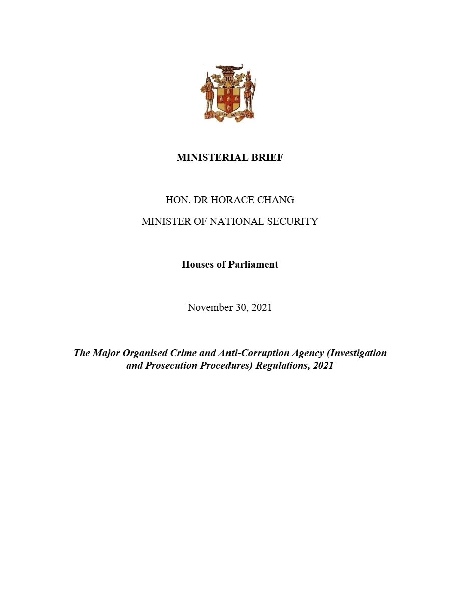 Front page of Ministerial Brief - MOCA Regulations December 2021