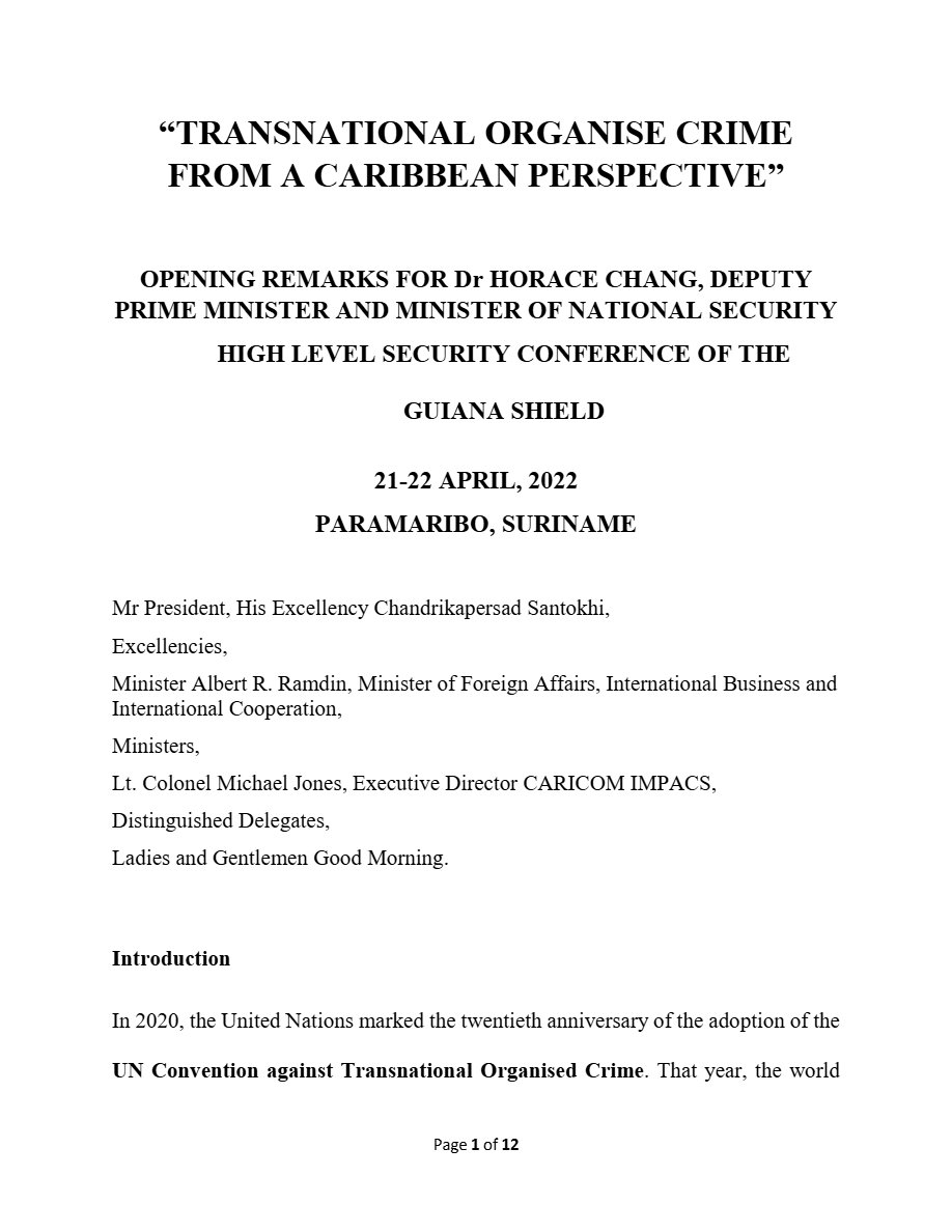 Front page of Opening Remarks - High Level Security Conference of the Guiana Shield - Horace Chang