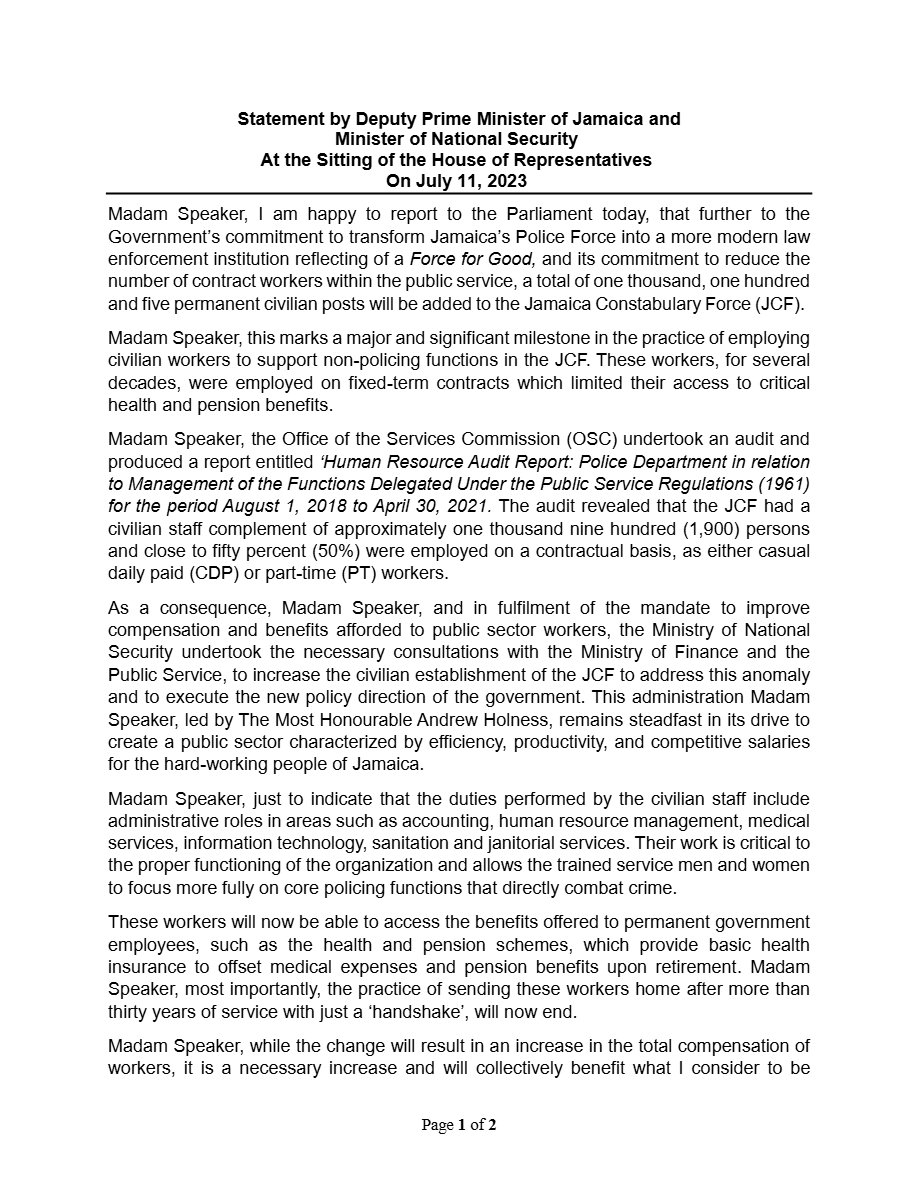 Front page of Speech-Parliamentary Statement on New JCF Civilian Posts