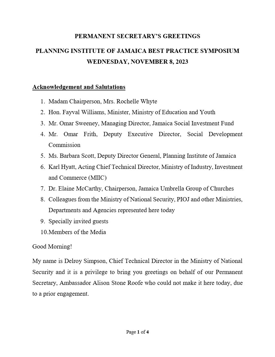 Front page of Speech- Greetings for PIOJ Best Practice Symposium