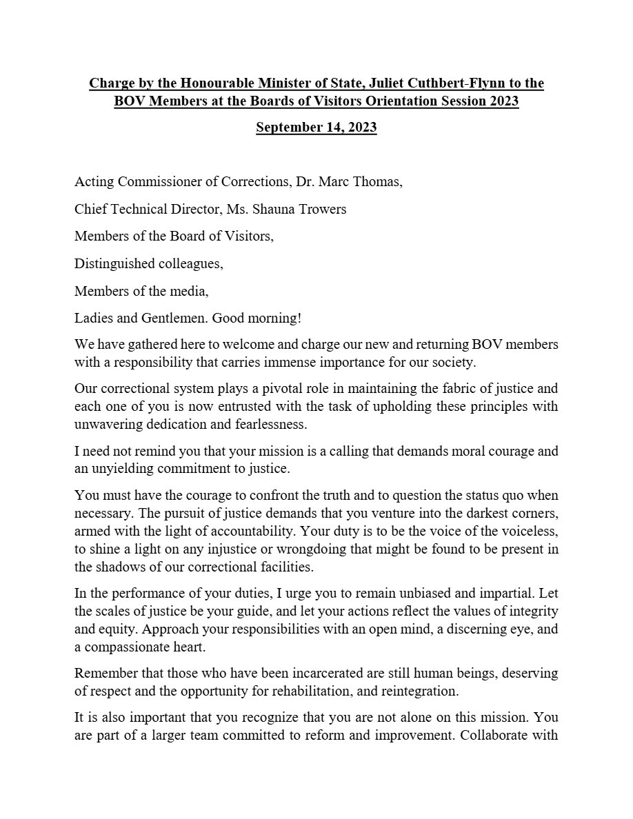 Front page of Speech- Min. Cuthbert-Flynn to New BOV Members